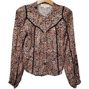 NWT LOVE THE LABEL All Over Print Button Up Blouse Brown Black Women's XS *Flaw*